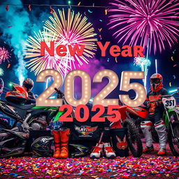 A vibrant and festive scene celebrating New Year 2025 with dirt bikes and motocross gear