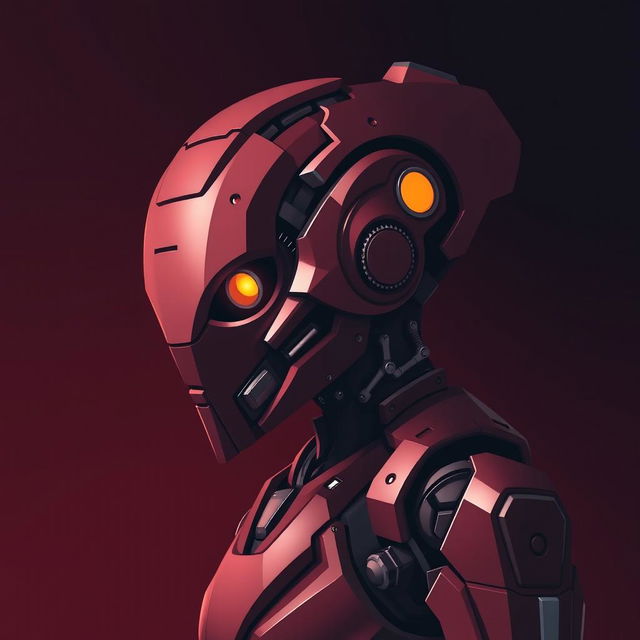 An abstract art piece depicting a maroon-colored bot with intricate mechanical details