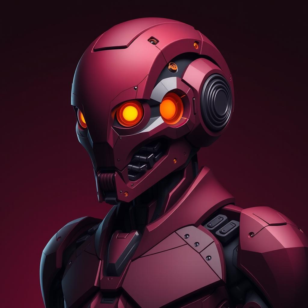 An abstract art piece depicting a maroon-colored bot with intricate mechanical details