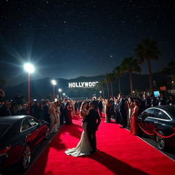 A glamorous red carpet event in Hollywood, featuring a night sky filled with twinkling stars and elegant spotlights illuminating the scene
