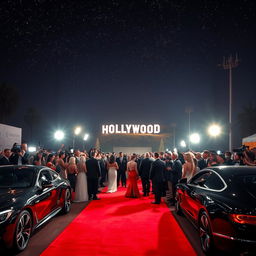 A glamorous red carpet event in Hollywood, featuring a night sky filled with twinkling stars and elegant spotlights illuminating the scene
