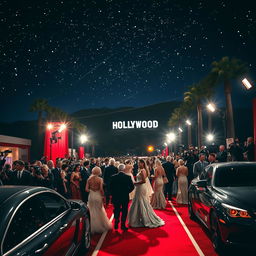 A glamorous red carpet event in Hollywood, featuring a night sky filled with twinkling stars and elegant spotlights illuminating the scene