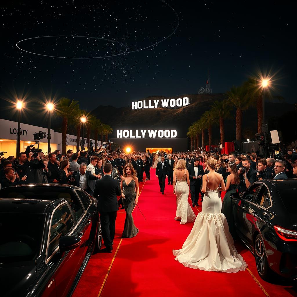 A glamorous red carpet event in Hollywood, featuring a night sky filled with twinkling stars and elegant spotlights illuminating the scene