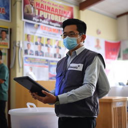 An election supervisor in Indonesia wearing a vest with 'Bawaslu' written on it, holding a digital device at a polling station