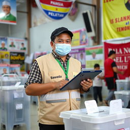An election supervisor in Indonesia wearing a vest with 'Bawaslu' written on it, holding a digital device at a polling station
