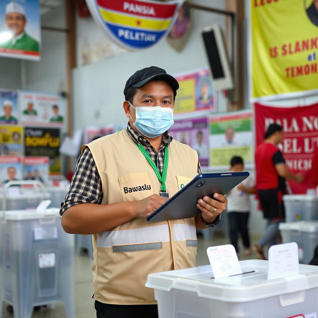 An election supervisor in Indonesia wearing a vest with 'Bawaslu' written on it, holding a digital device at a polling station