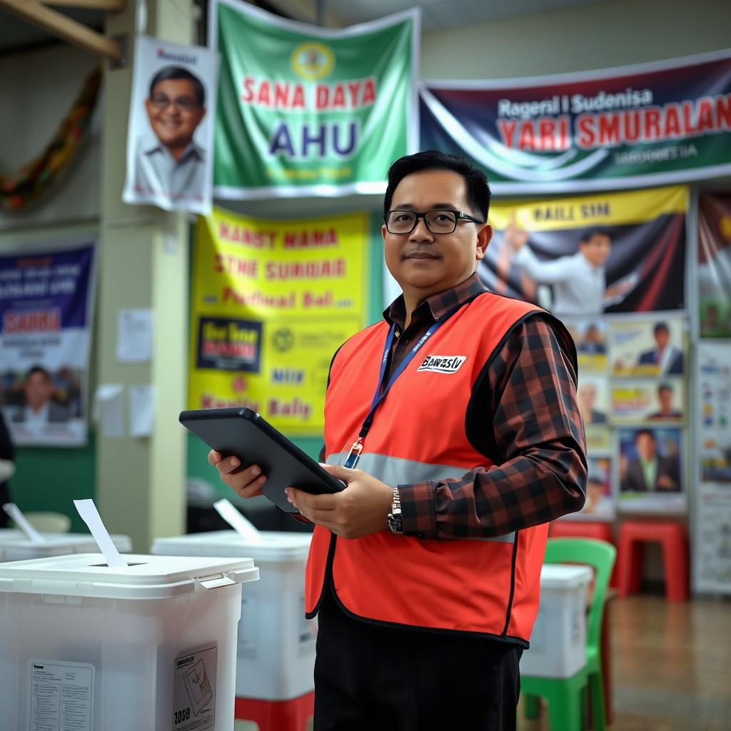 An election supervisor in Indonesia wearing a vest with 'Bawaslu' written on it, holding a digital device at a polling station