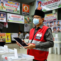 An election supervisor in Indonesia wearing a vest with 'Bawaslu' written on it, holding a digital device at a polling station