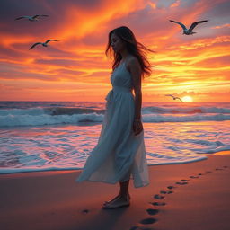 A solitary figure standing on a deserted beach during a dramatic sunset, waves gently crashing on the shore