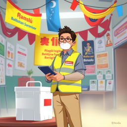 A 2D illustration of an election supervisor in Indonesia wearing a vest marked 'Bawaslu'