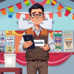 A 2D illustration of an election supervisor in Indonesia wearing a vest marked 'Bawaslu'