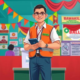 A 2D illustration of an election supervisor in Indonesia wearing a vest marked 'Bawaslu'