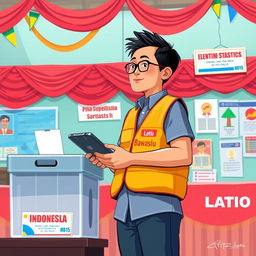 A 2D illustration of an election supervisor in Indonesia wearing a vest marked 'Bawaslu'