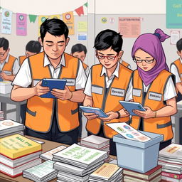 A 2D illustration depicting several election supervisors in Indonesia, all wearing vests labeled 'Bawaslu'