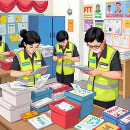 A 2D illustration depicting several election supervisors in Indonesia, all wearing vests labeled 'Bawaslu'