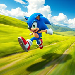 A vibrant and dynamic scene featuring Sonic the Hedgehog sprinting through a lush, green landscape