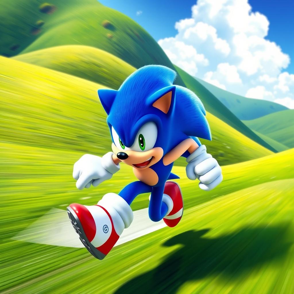 A vibrant and dynamic scene featuring Sonic the Hedgehog sprinting through a lush, green landscape