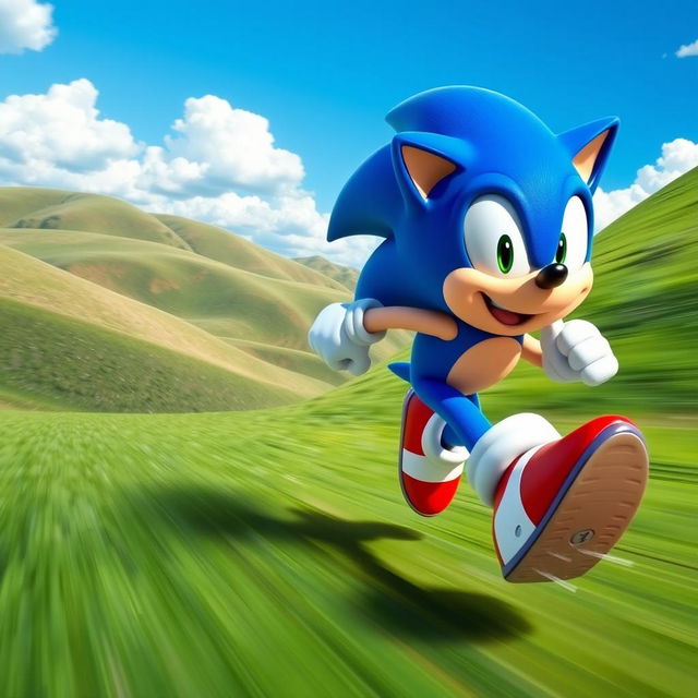 A vibrant and dynamic scene featuring Sonic the Hedgehog sprinting through a lush, green landscape