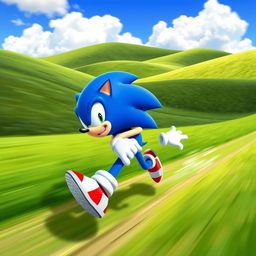 A vibrant and dynamic scene featuring Sonic the Hedgehog sprinting through a lush, green landscape
