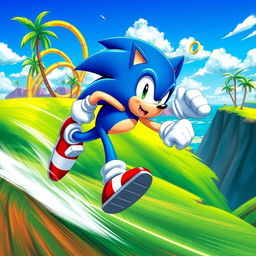 A dynamic and colorful artwork featuring Sonic the Hedgehog, the iconic blue anthropomorphic character