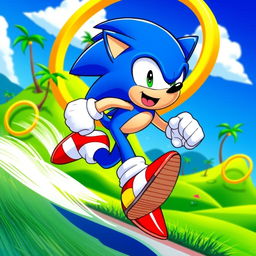 A dynamic and colorful artwork featuring Sonic the Hedgehog, the iconic blue anthropomorphic character