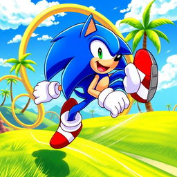 A dynamic and colorful artwork featuring Sonic the Hedgehog, the iconic blue anthropomorphic character