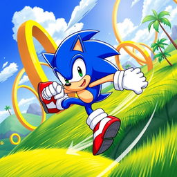 A dynamic and colorful artwork featuring Sonic the Hedgehog, the iconic blue anthropomorphic character