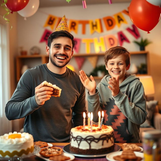 A warm and joyful family gathering celebrating the 27th birthday of the older brother