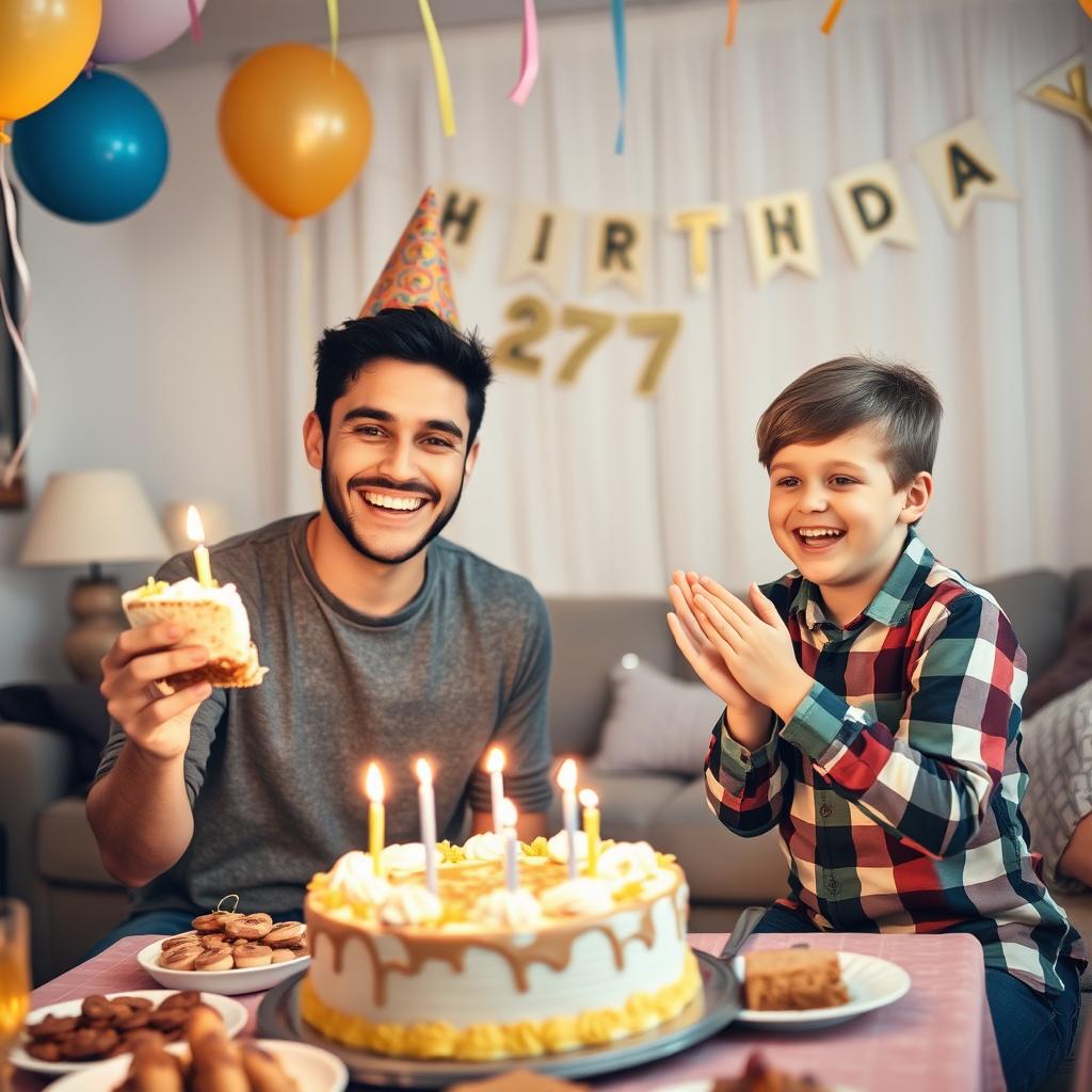 A warm and joyful family gathering celebrating the 27th birthday of the older brother