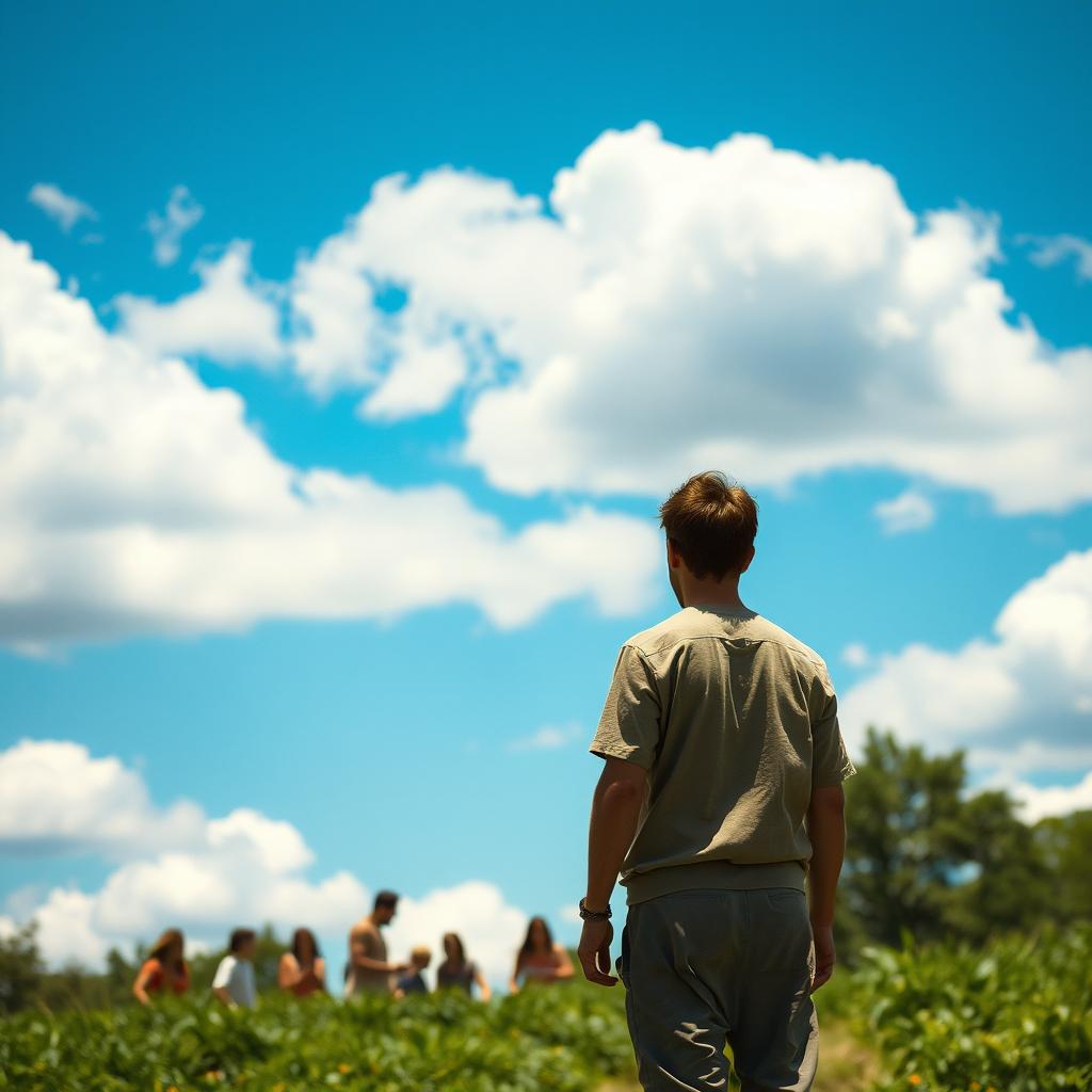 A solitary figure standing at a distance, gazing intently at a group of people engaged in cheerful activities