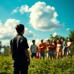 A solitary figure standing at a distance, gazing intently at a group of people engaged in cheerful activities