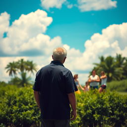 A solitary figure standing at a distance, gazing intently at a group of people engaged in cheerful activities