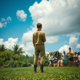 A solitary figure standing at a distance, gazing intently at a group of people engaged in cheerful activities