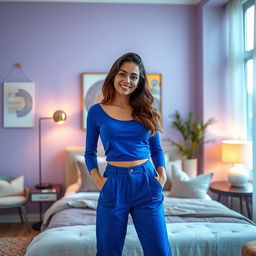 A fashionable young woman standing in a modern bedroom, wearing vibrant royal blue clothing that contrasts beautifully with the soft lavender walls of the room