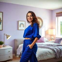 A fashionable young woman standing in a modern bedroom, wearing vibrant royal blue clothing that contrasts beautifully with the soft lavender walls of the room