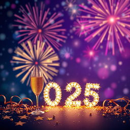 A vibrant and festive New Year 2025 background featuring a dazzling fireworks display illuminating a night sky filled with stars