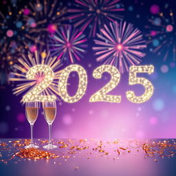 A vibrant and festive New Year 2025 background featuring a dazzling fireworks display illuminating a night sky filled with stars
