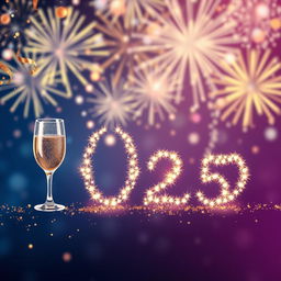 A vibrant and festive New Year 2025 background featuring a dazzling fireworks display illuminating a night sky filled with stars