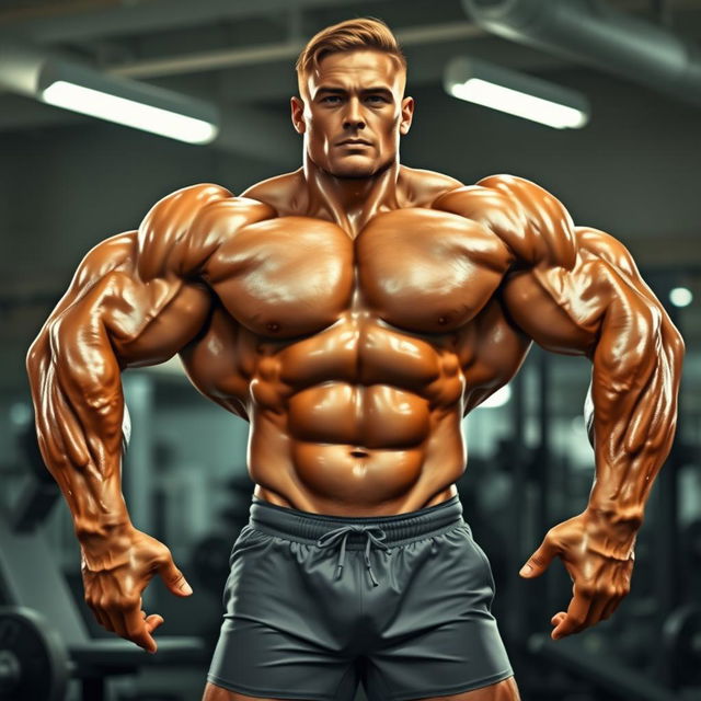 A powerful and muscular bodybuilder showcasing impressive size and definition, standing confidently in a gym environment