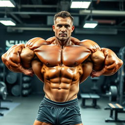 A powerful and muscular bodybuilder showcasing impressive size and definition, standing confidently in a gym environment