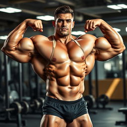 A powerful and muscular bodybuilder showcasing impressive size and definition, standing confidently in a gym environment