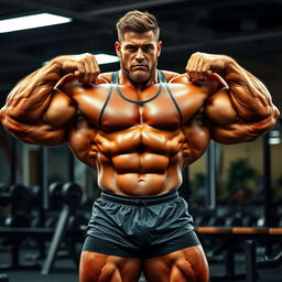 A powerful and muscular bodybuilder showcasing impressive size and definition, standing confidently in a gym environment