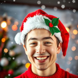 A festive New Year's image featuring a cheerful Santa hat placed on the head of a smiling person