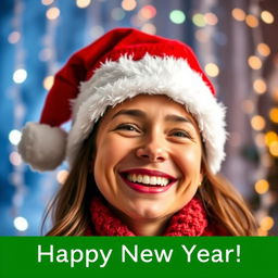 A festive New Year's image featuring a cheerful Santa hat placed on the head of a smiling person