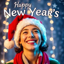 A festive New Year's image featuring a cheerful Santa hat placed on the head of a smiling person