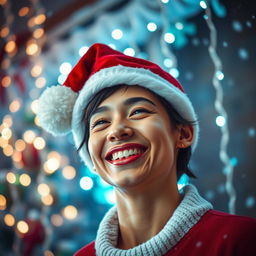 A festive New Year's image featuring a cheerful Santa hat placed on the head of a smiling person