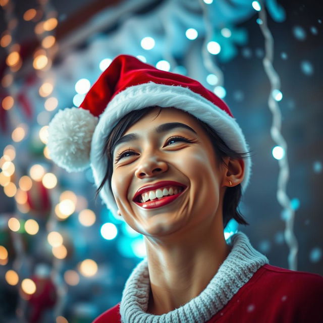 A festive New Year's image featuring a cheerful Santa hat placed on the head of a smiling person