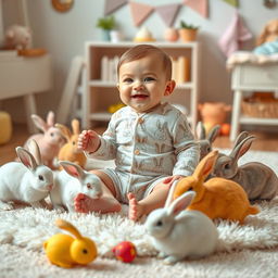 A whimsical scene featuring a cute baby sitting on a soft, fluffy rug, surrounded by playful rabbits of various colors