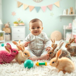 A whimsical scene featuring a cute baby sitting on a soft, fluffy rug, surrounded by playful rabbits of various colors
