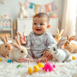 A whimsical scene featuring a cute baby sitting on a soft, fluffy rug, surrounded by playful rabbits of various colors